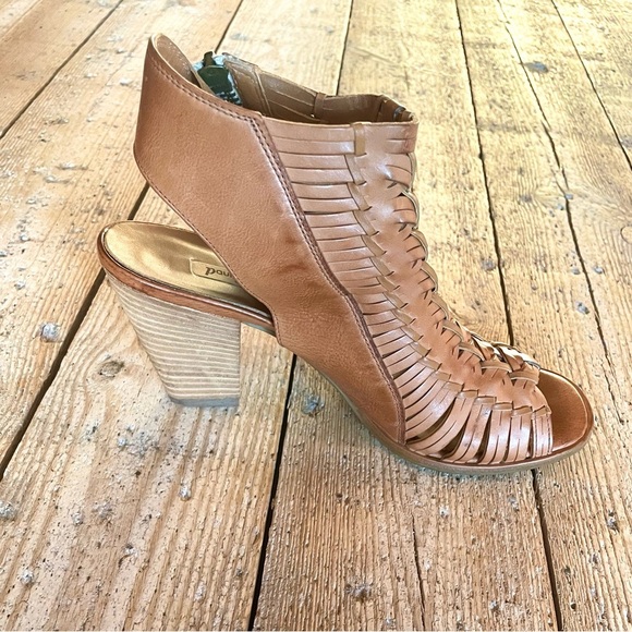Paul Green Miranda Tan Leather Woven Peep Toe Booties Block Heel US 8 UK 5.5 - Picture 7 of 12